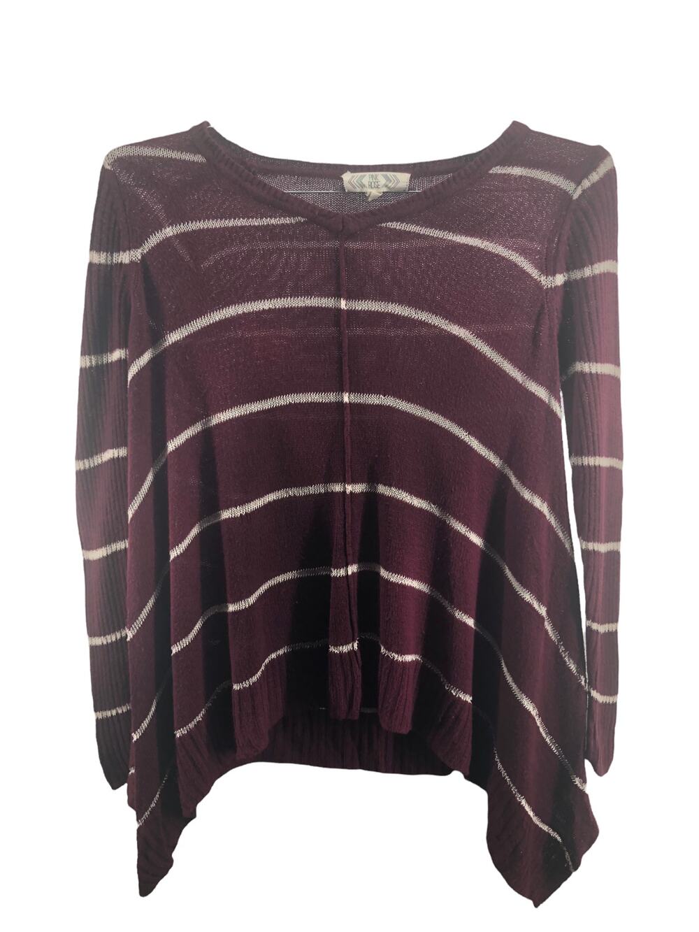 Pink Rose Burgundy White Striped Pullover V-Neck Sweater Women's Size Small